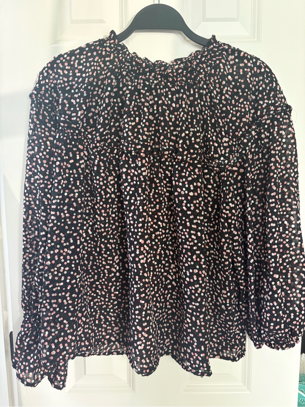 Who What Wear Black Blouse with Pink Dot Print and Ruffle Neck M